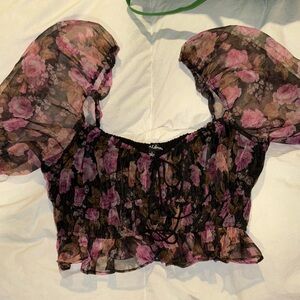 For Love And Lemons Floral Puff Sleeve Blouse - Pink and Black